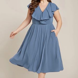 Plain Pocket Ruffle Trim Cap Sleeve Rib Knit Dress
